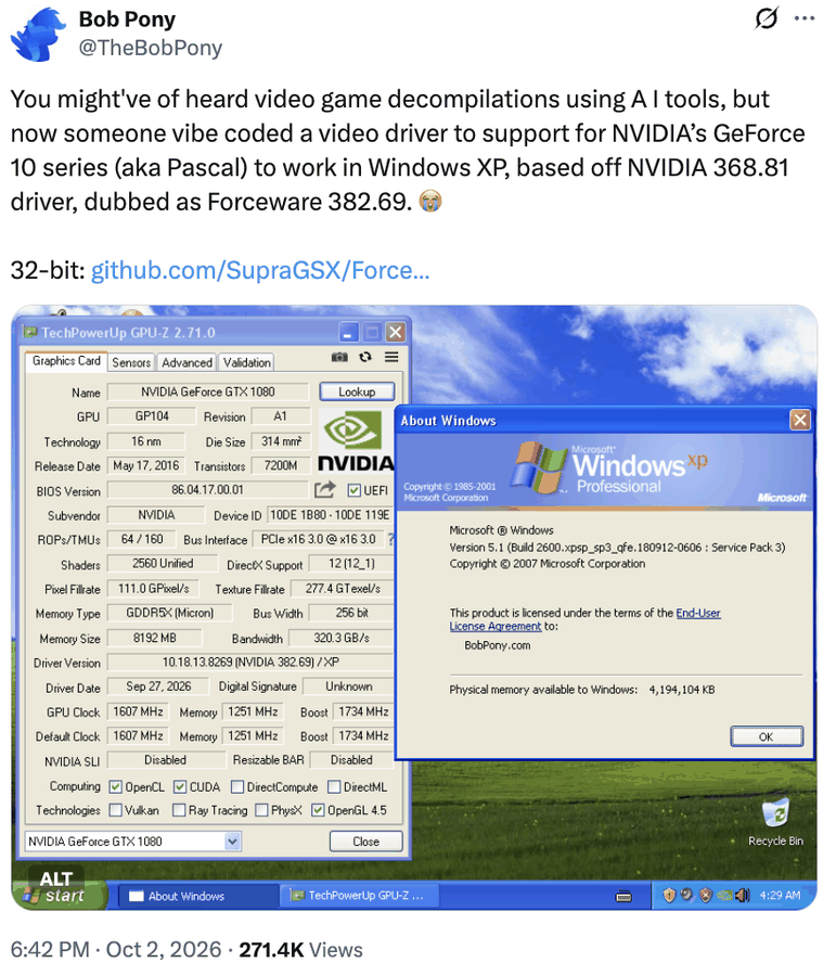 开发者自制ForceWare驱动让WindowsXP支持Pascal显卡