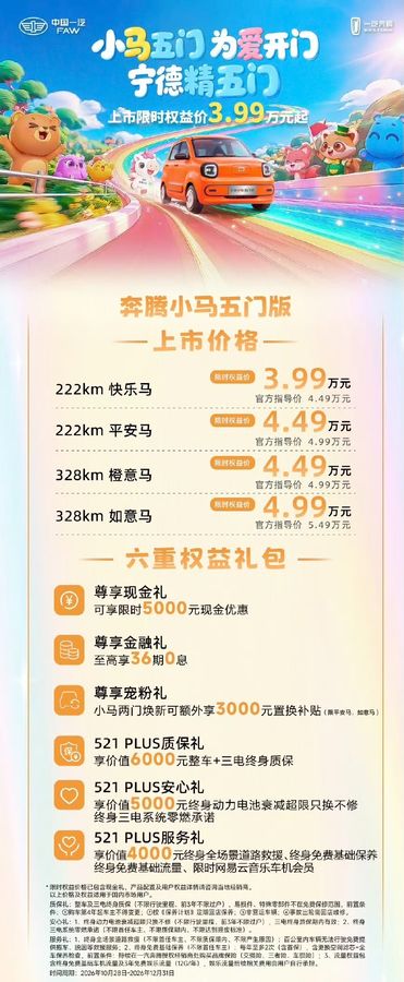 一汽奔腾小马五门版正式上市，限时权益价 3.99 万元起