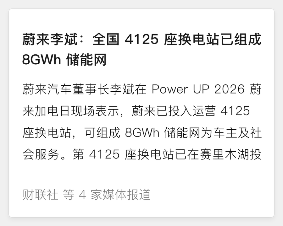 蔚来 4125 座换电站组成 8GWh 储能网