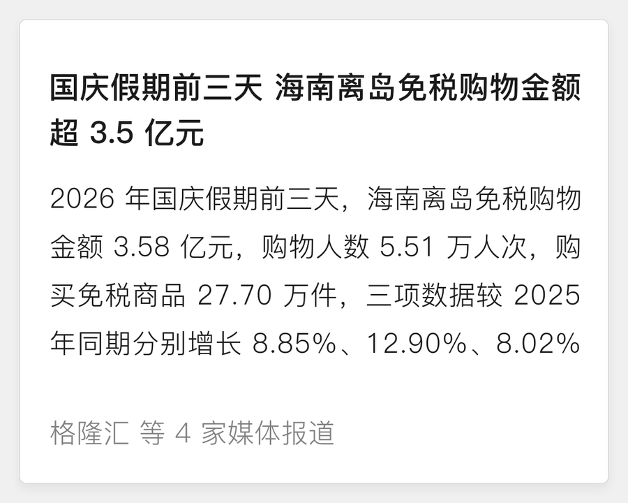 国庆假期前三天海南离岛免税购物金额超3.5亿元